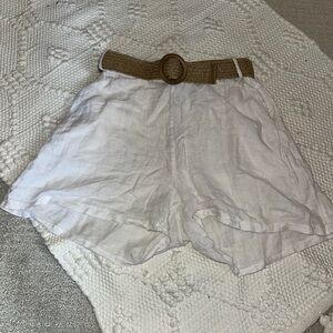 Women's White Linen Shorts with Tan Belt